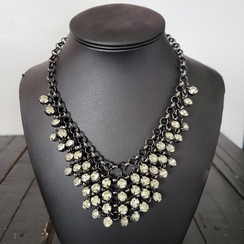 Banana Republic Statement Necklace Hematite Chain Rhinestone Chunky Bib